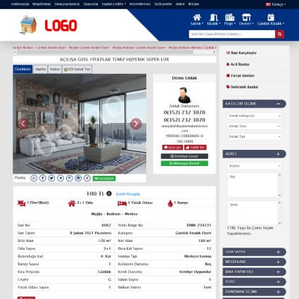 Gelişmiş Yabancı Dil Desteği (Panelden Düzenlenebilir , Hreflang SEO'lu) +Matterport 3D Sanal Tur desteği + Açılış Mesajı Gösterebilme + Panelden Renk Değişikliği +Whatsapp Canlı Destek + Diğer Standart Özelliklerimiz+Temayı İncele Butonundan Temayı Online İnceleyebilirsiniz